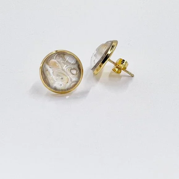 New / Handcrafted - Gold, Cream & Orange Shiny Gold Tone 12mm Stud Earrings - Picture 2 of 7